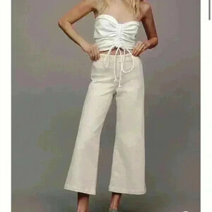Anthropologie Linen Blend Ivory Cropped Wide Leg Side Button Pants Size 4 Small
